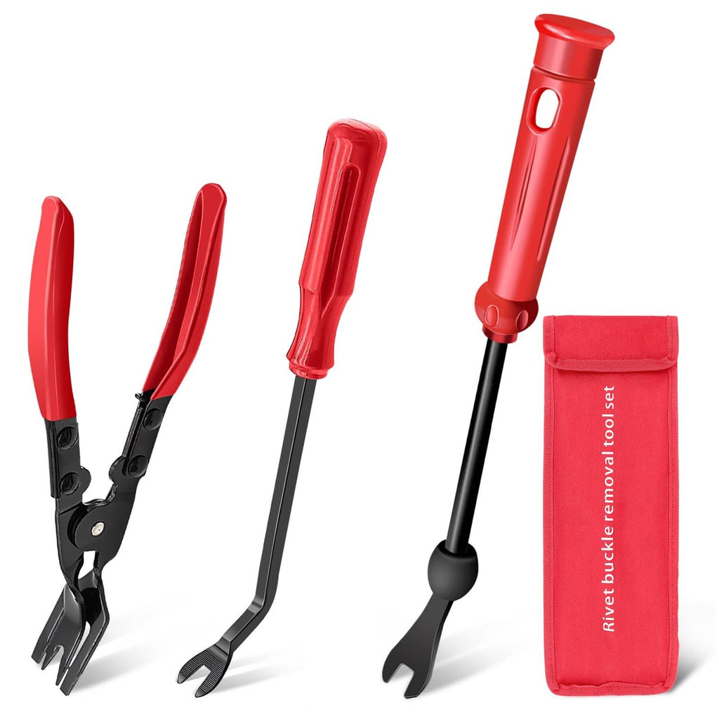 Red clip removal tool set with three pliers and red storage pouch