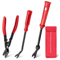 Red clip removal tool set with three pliers and red storage pouch