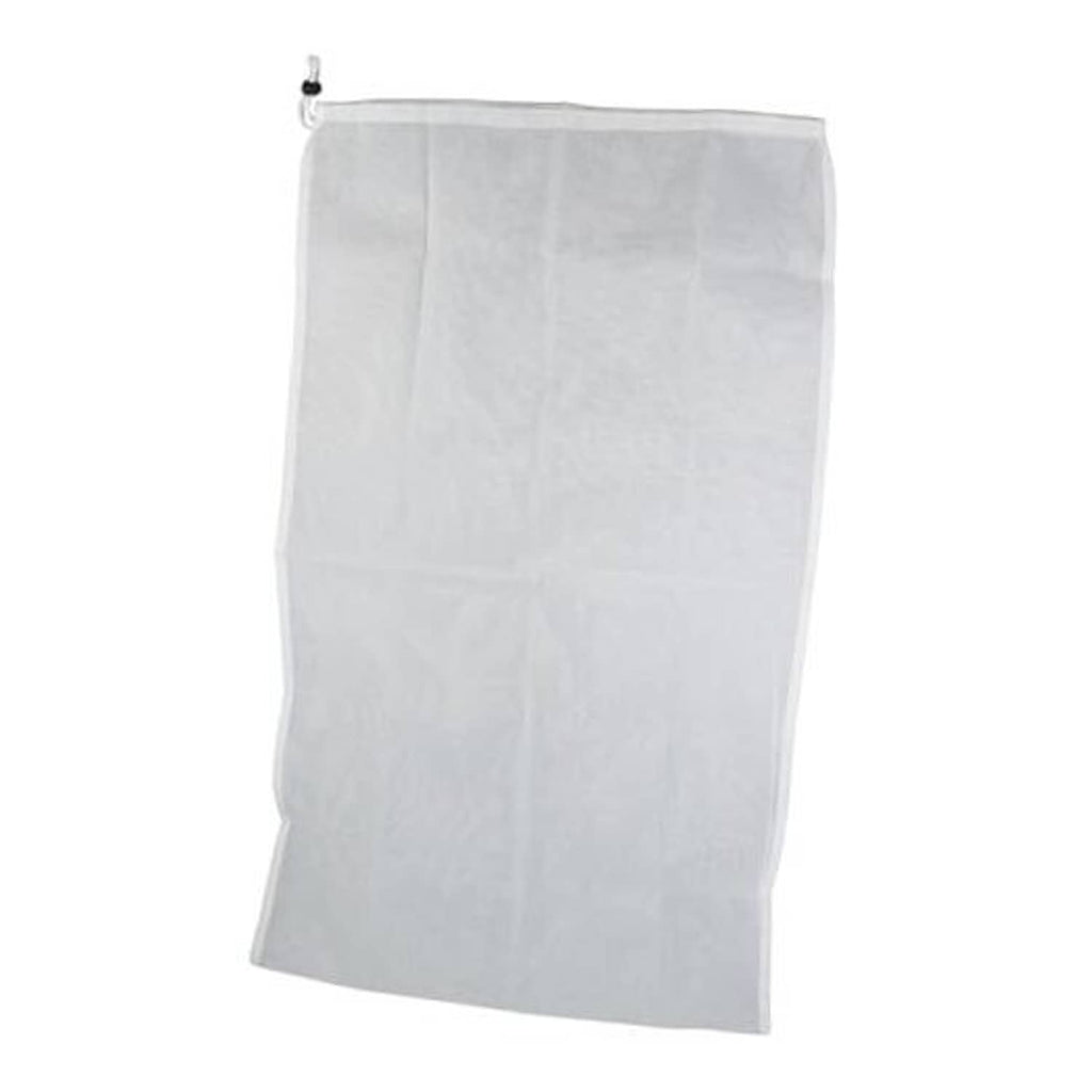 Pool vacuum replacement bag, light gray fabric with top drawstring cord closure.