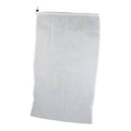 Pool vacuum replacement bag, light gray fabric with top drawstring cord closure.