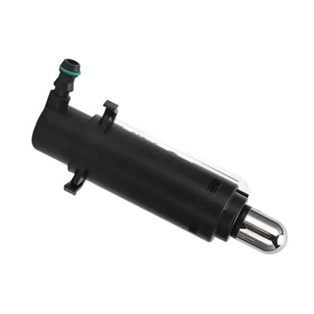 Headlight washer nozzle jet assembly with black housing, chrome outlet, and green-tipped inlet