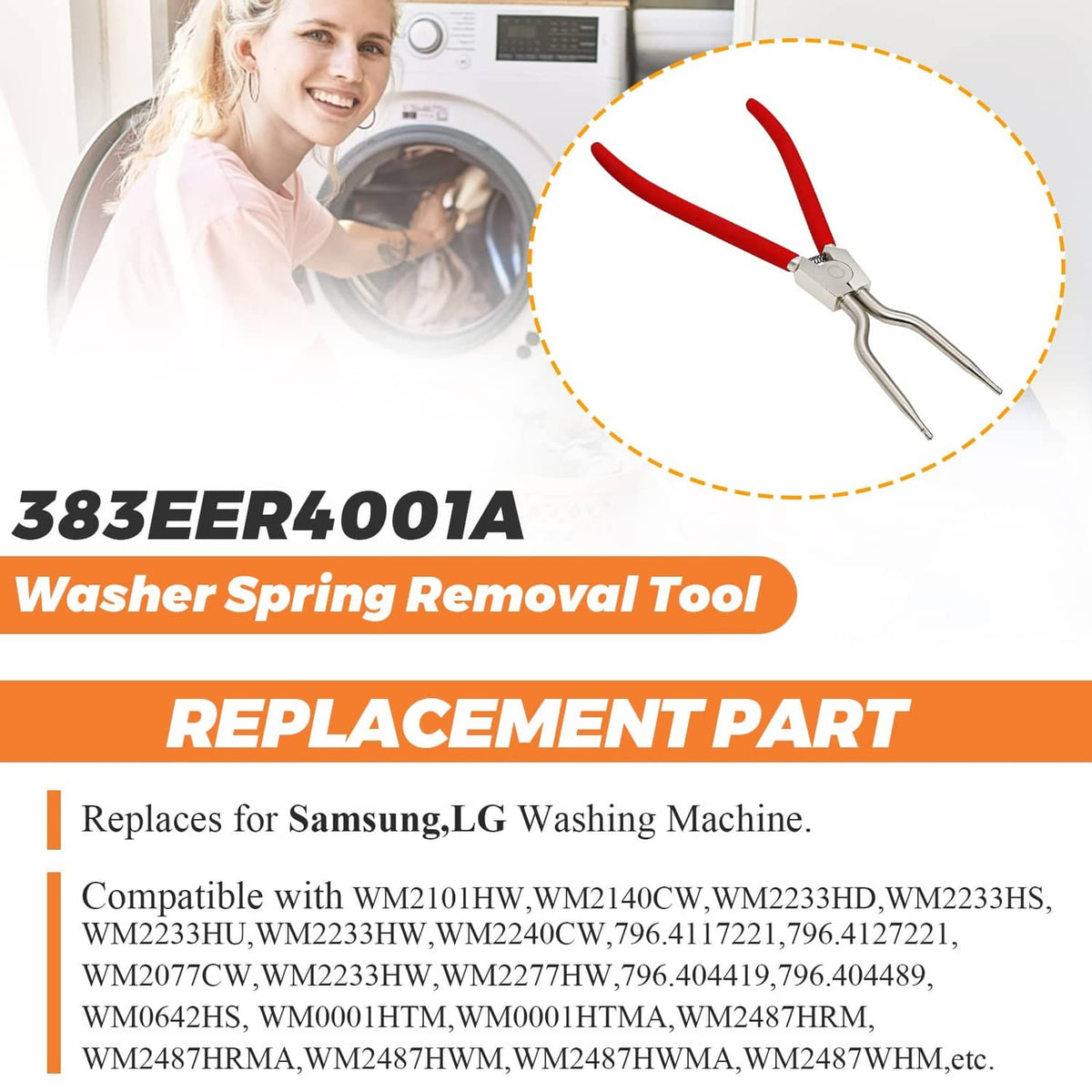 Washer spring removal tool with red non-slip handles and silver prongs for inner ring