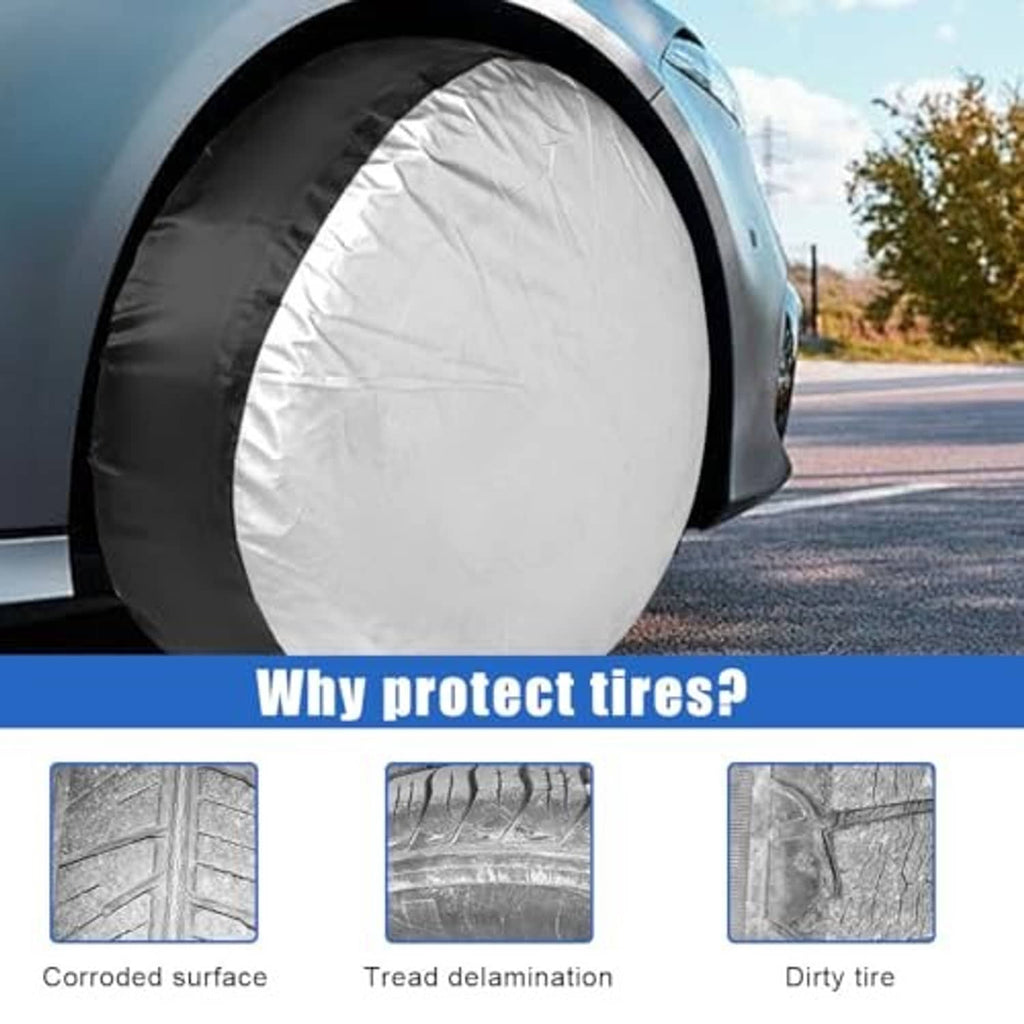 Round tire cover bag covering spare tire area, white center panel and black outer edge