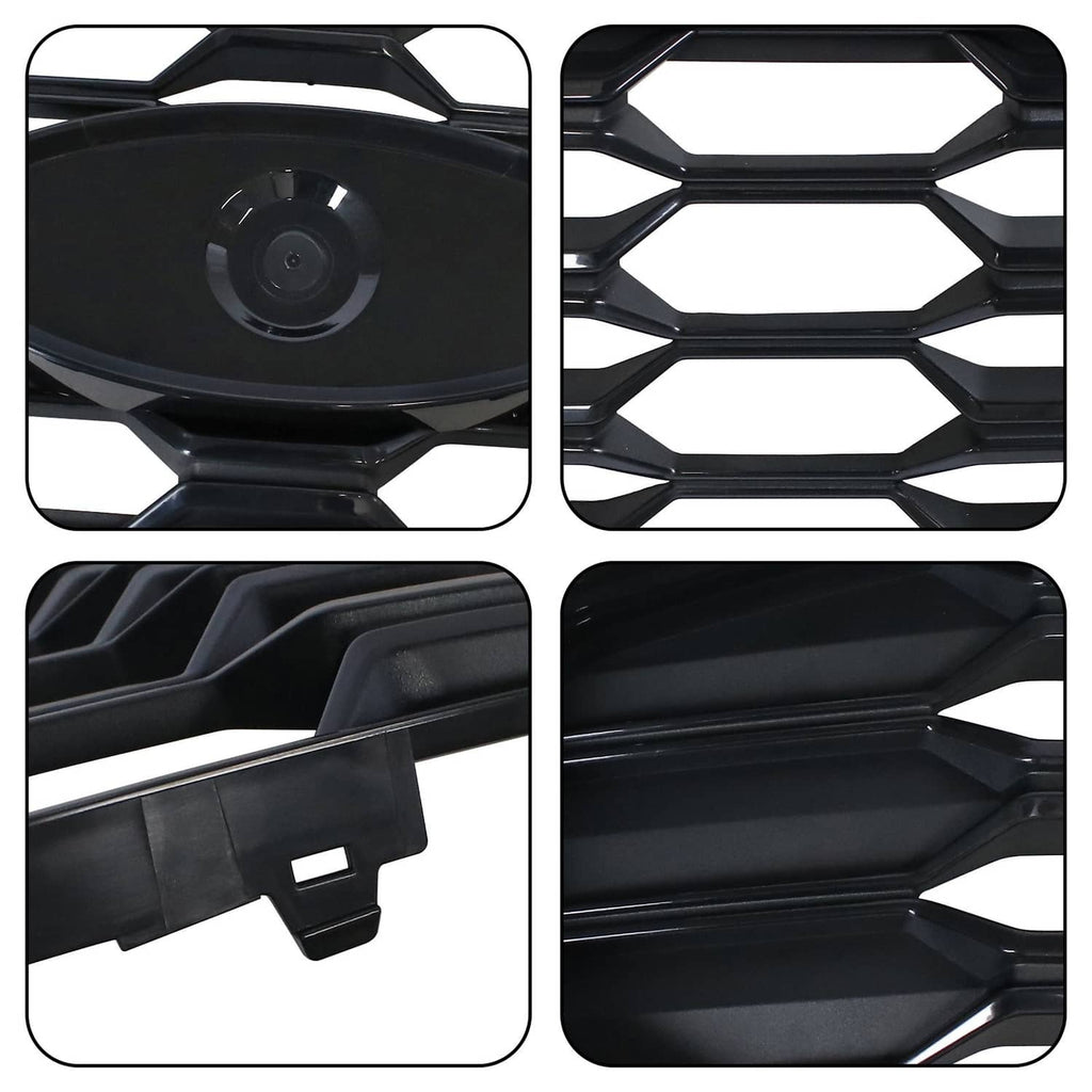 Black grille close-up: hex mesh, central sensor opening, and mounting tabs