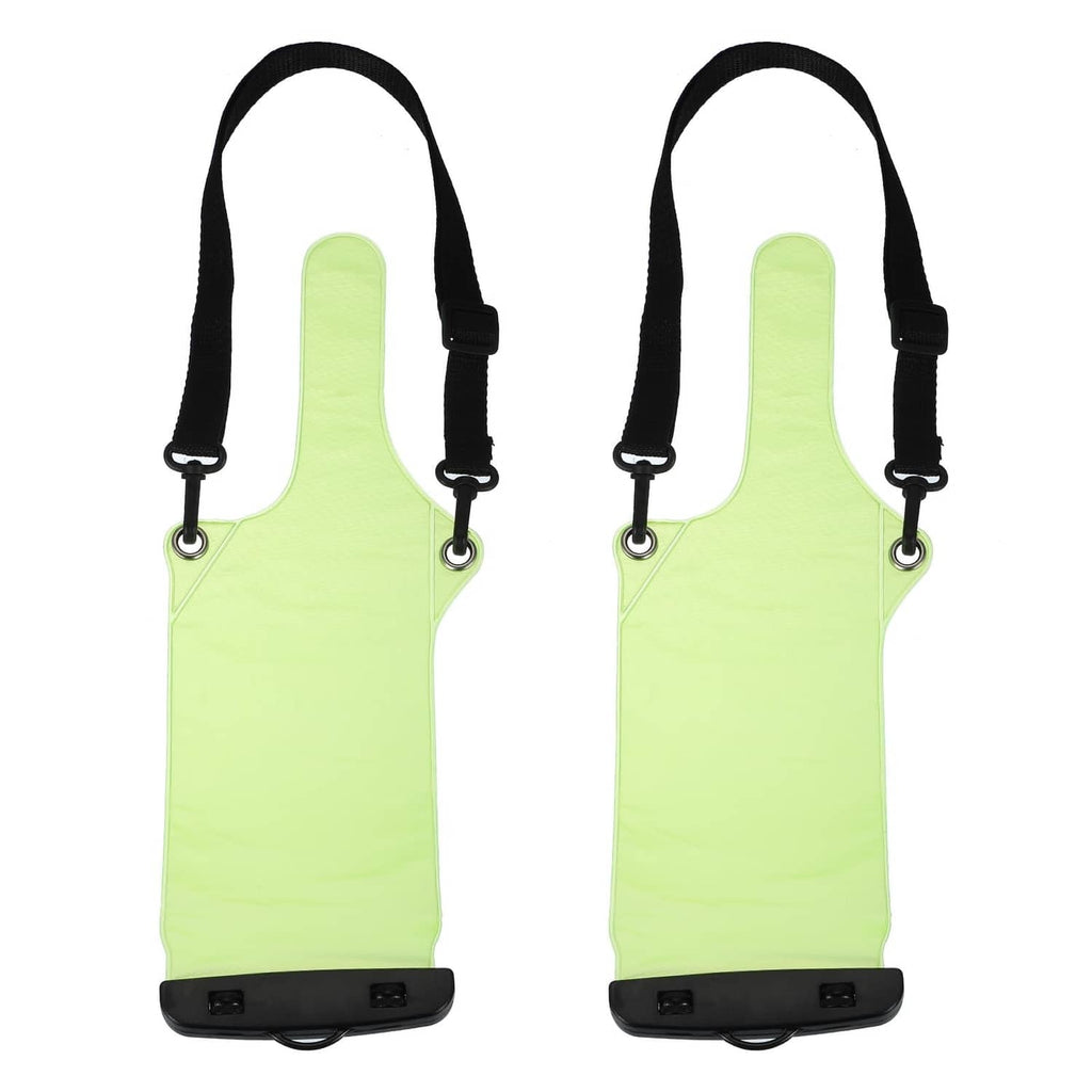 Green waterproof PVC walkie talkie case with black lanyard straps and top handle loop