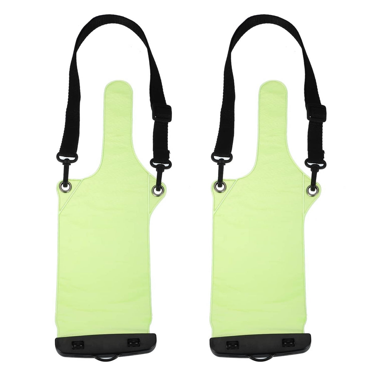 Green waterproof PVC walkie talkie case with black lanyard straps and top handle loop