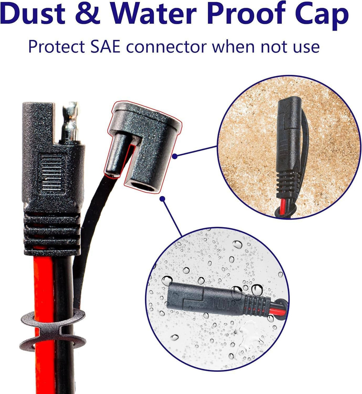 SAE connector with dust and water proof cap on a red/black charger cable