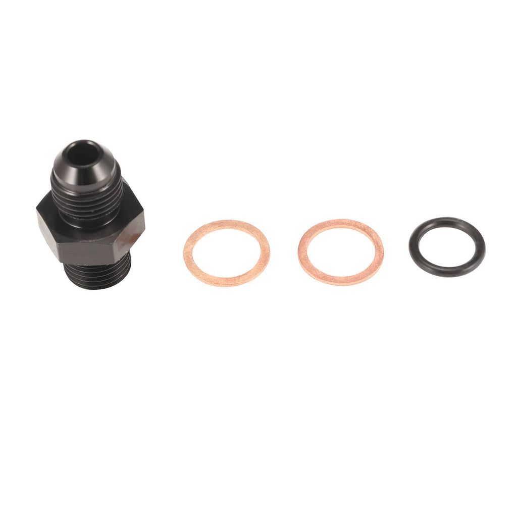 Fuel line fitting with black threads, included O-rings and gasket seals.