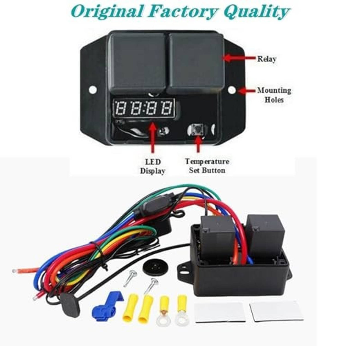 Radiator fan controller switch kit with LED display, temperature set button, and mounting holes