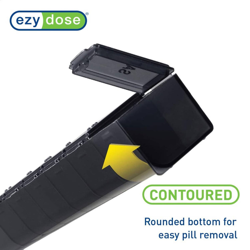 7-day pill organizer with contoured bottom and open lid for easy pill removal