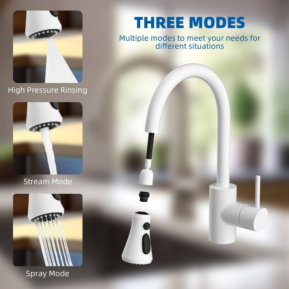 White pull-down kitchen faucet spray head with curved neck and three spray modes