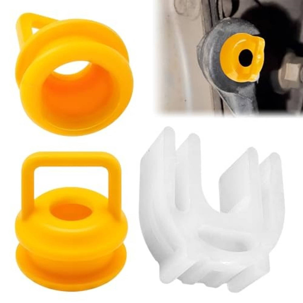 Transmission shifter cable bushing repair kit with yellow bushings and white retainer clips