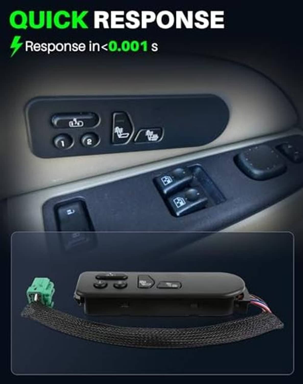 Heated seat switch mounted in vehicle door panel area, close-up of buttons
