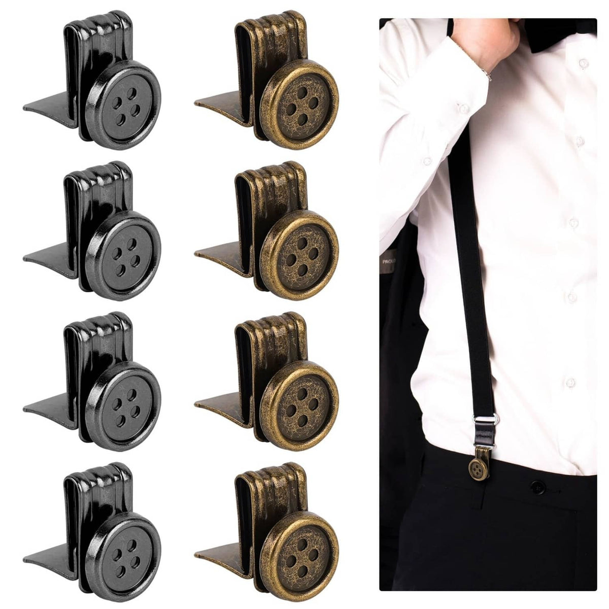 Metal no-sew suspender end clips with round button plates, black and bronze set