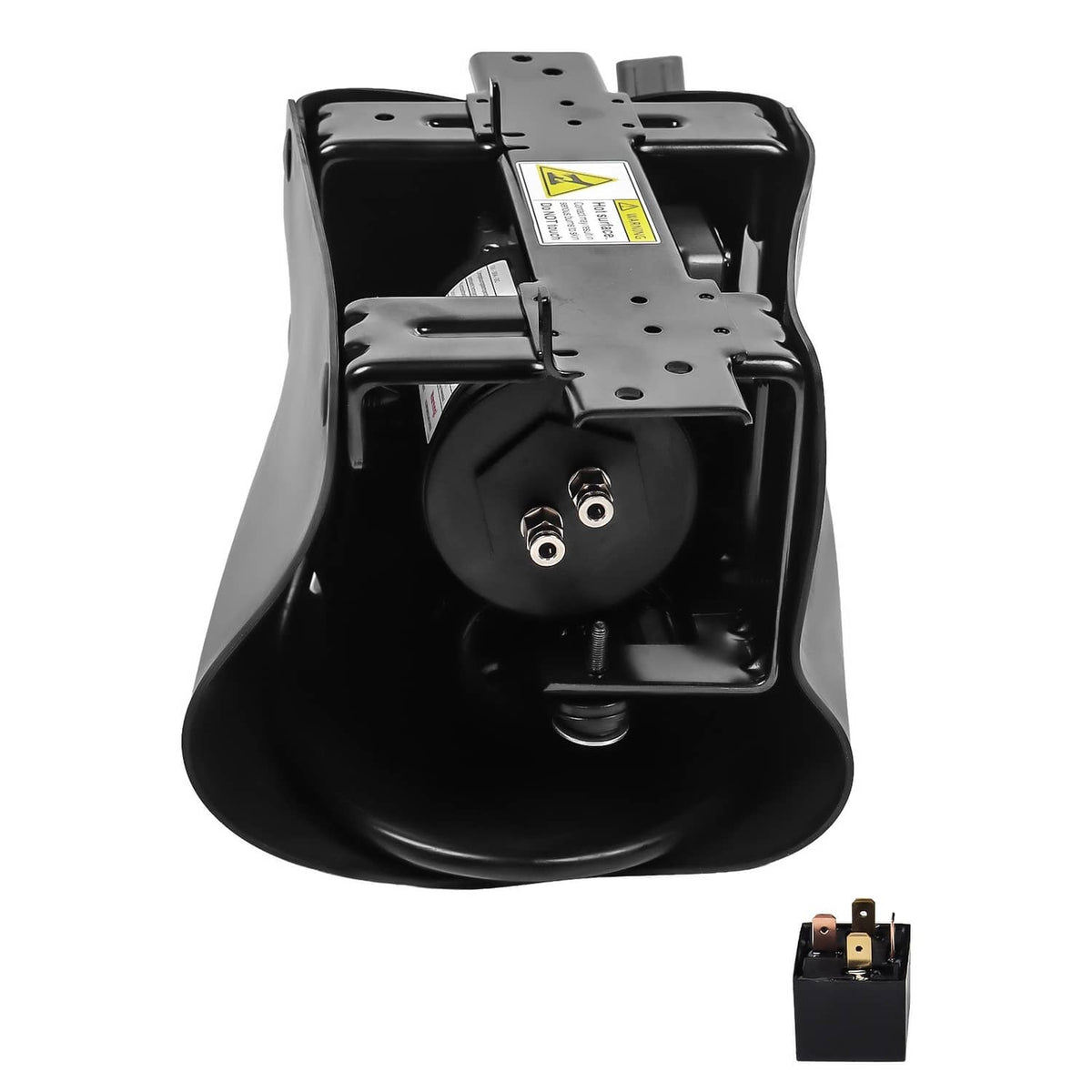 Black air suspension compressor pump top view with round valve ports