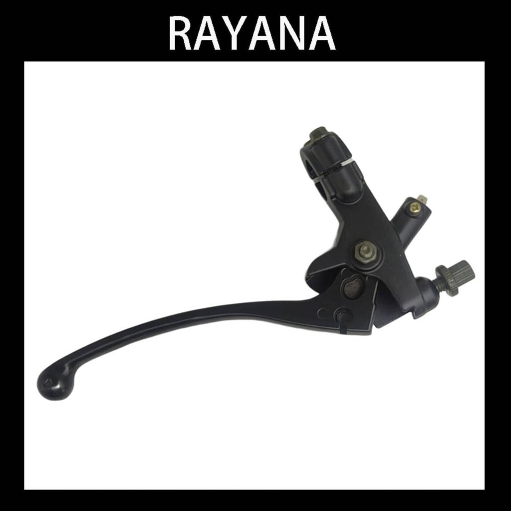 Left front brake lever with black handle and master cylinder body, angled view