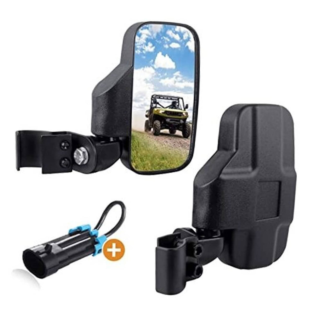 UTV rear side mirror with black housing and mounting bracket, plus included hardware