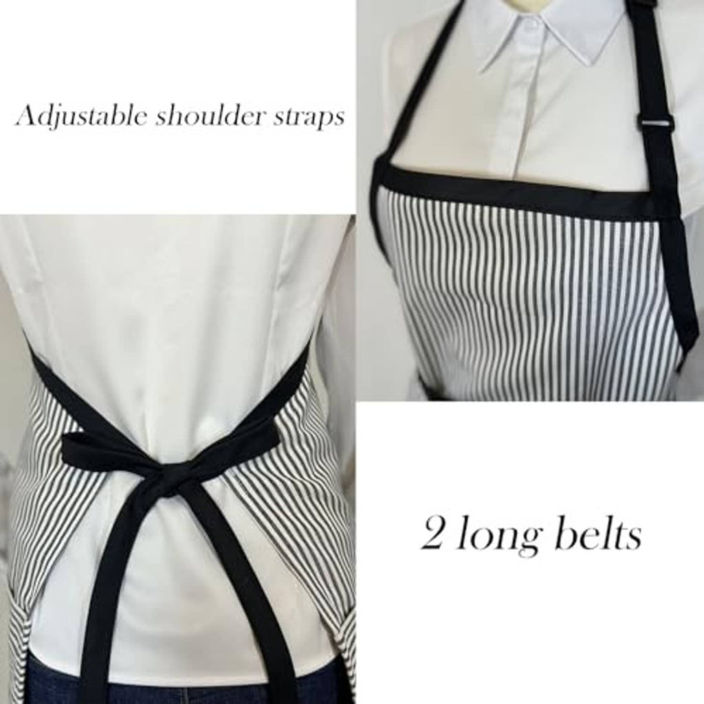 Black-and-white striped server apron with adjustable shoulder straps and waist ties
