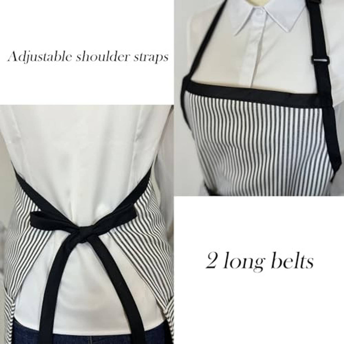 Black-and-white striped server apron with adjustable shoulder straps and waist ties