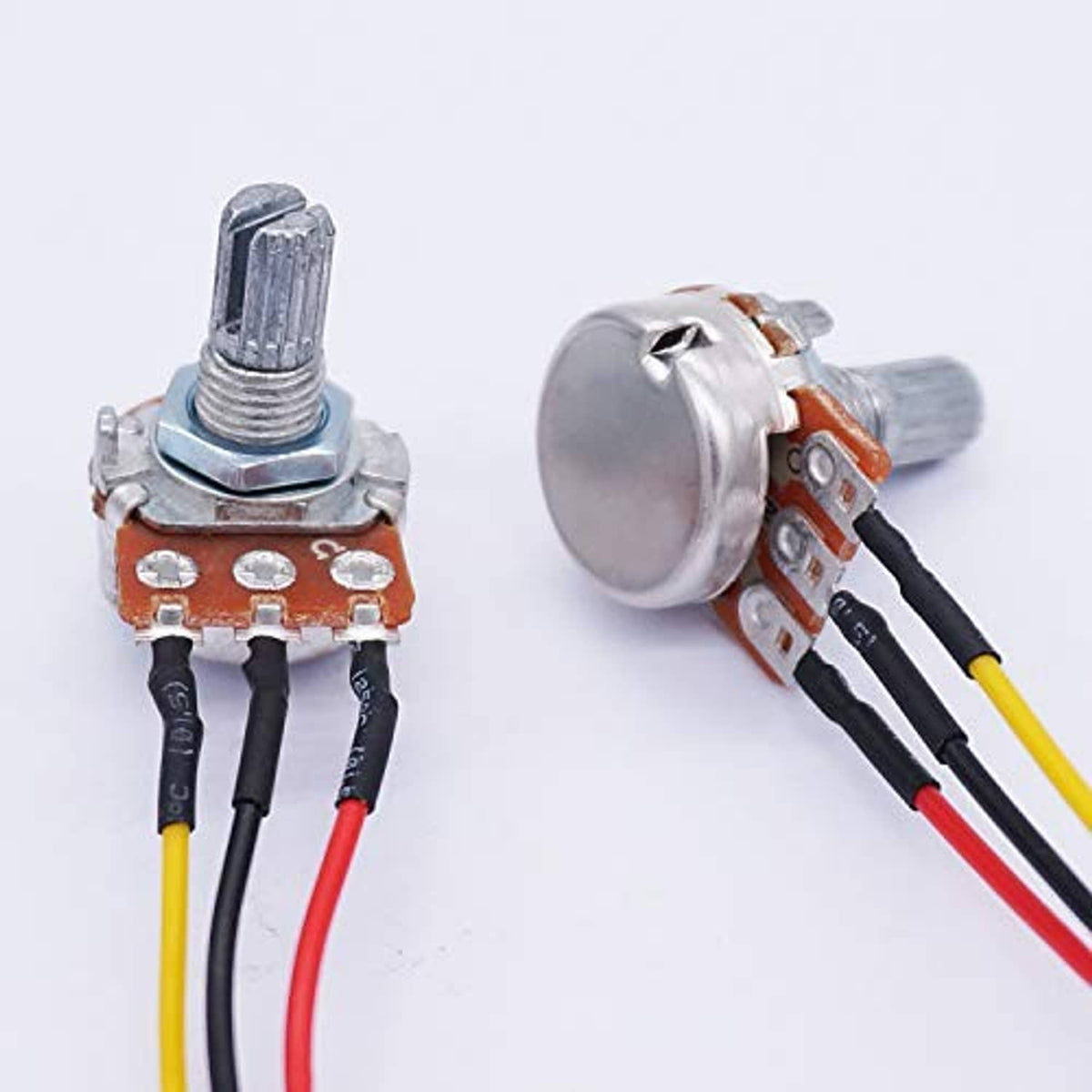 Rotary potentiometer with metal shaft and four terminals with red, yellow, black leads