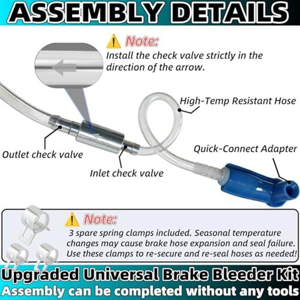 Brake bleeder kit showing inlet/outlet check valve on clear hose with blue quick-clip