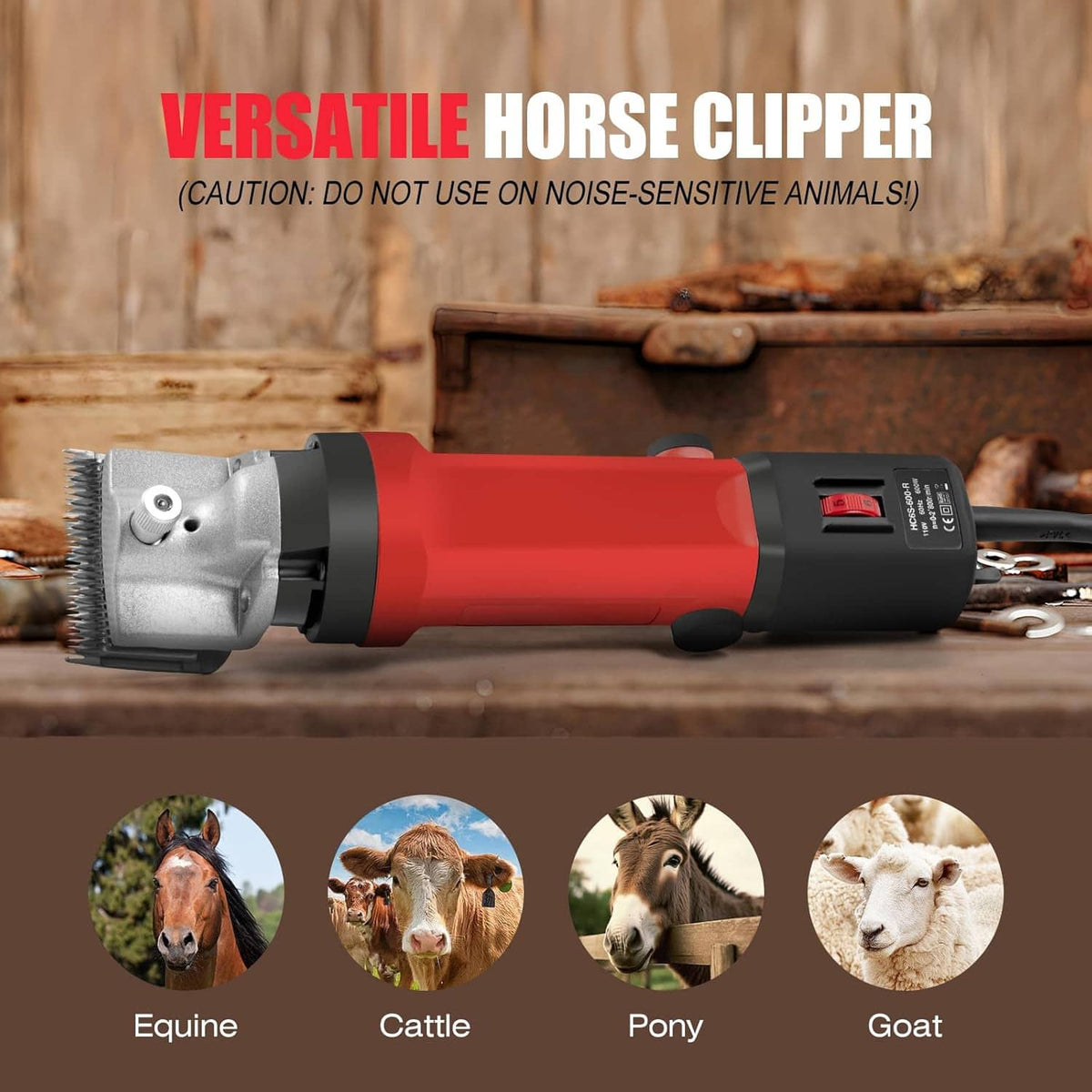 Red and black horse body clipper shown on a wooden surface with accessory icons