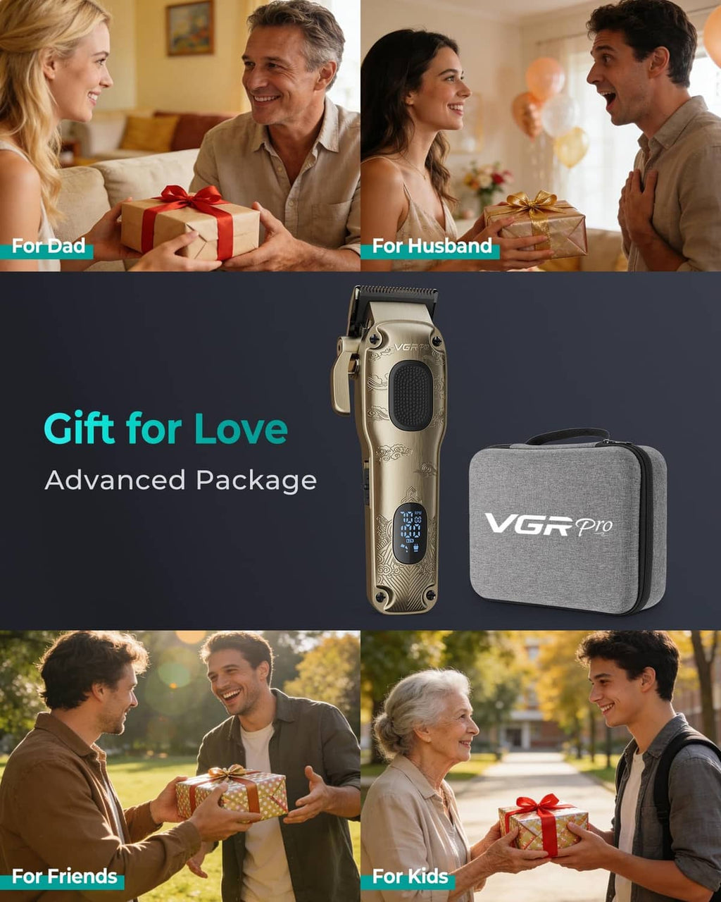 Gold hair clipper with gray storage pouch and gift package