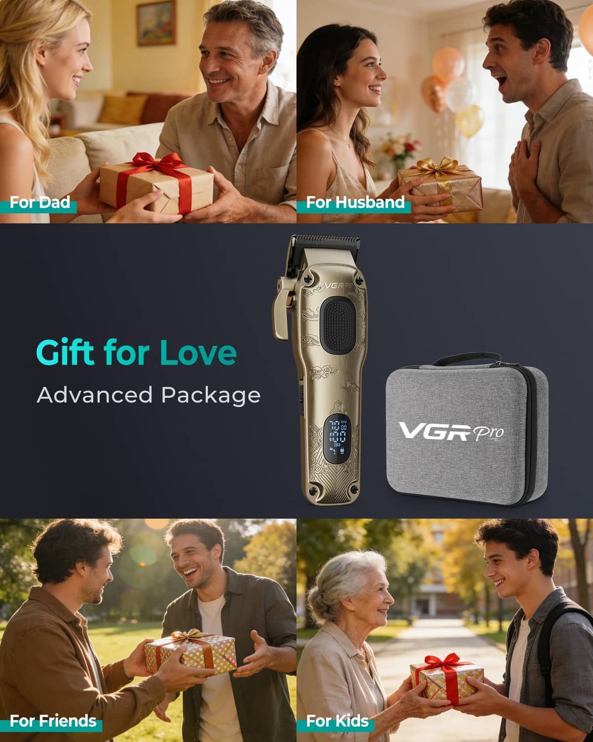 Gold hair clipper with gray storage pouch and gift package