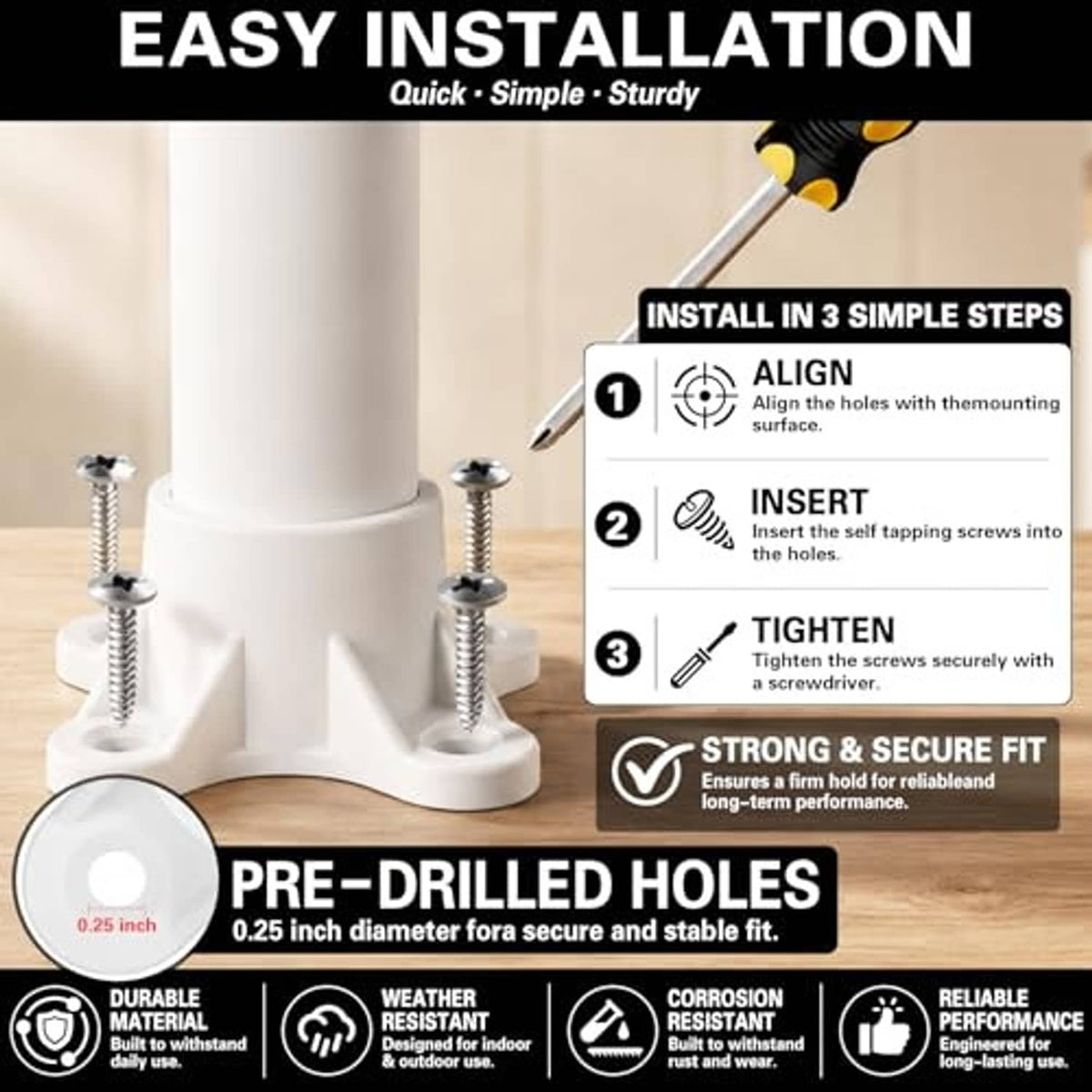 White 2-inch PVC flange table screw cap fitting with pre-drilled mounting holes