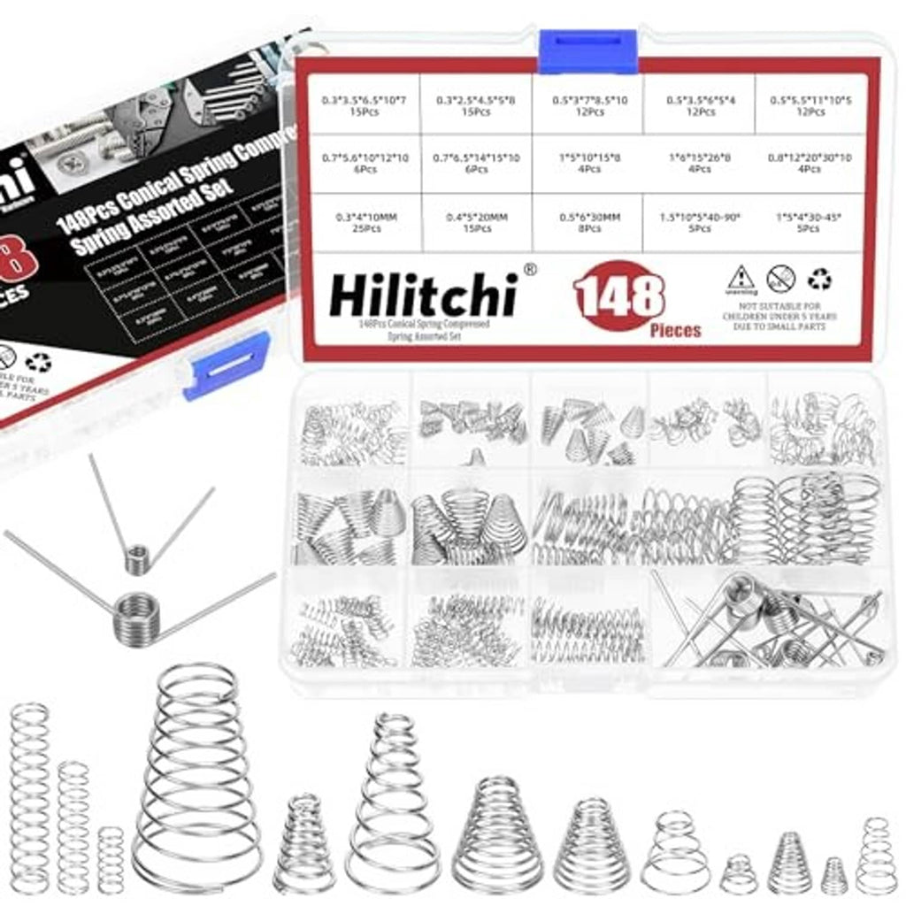 Compressed spring assortment kit with assorted stainless steel coil springs in organizer box