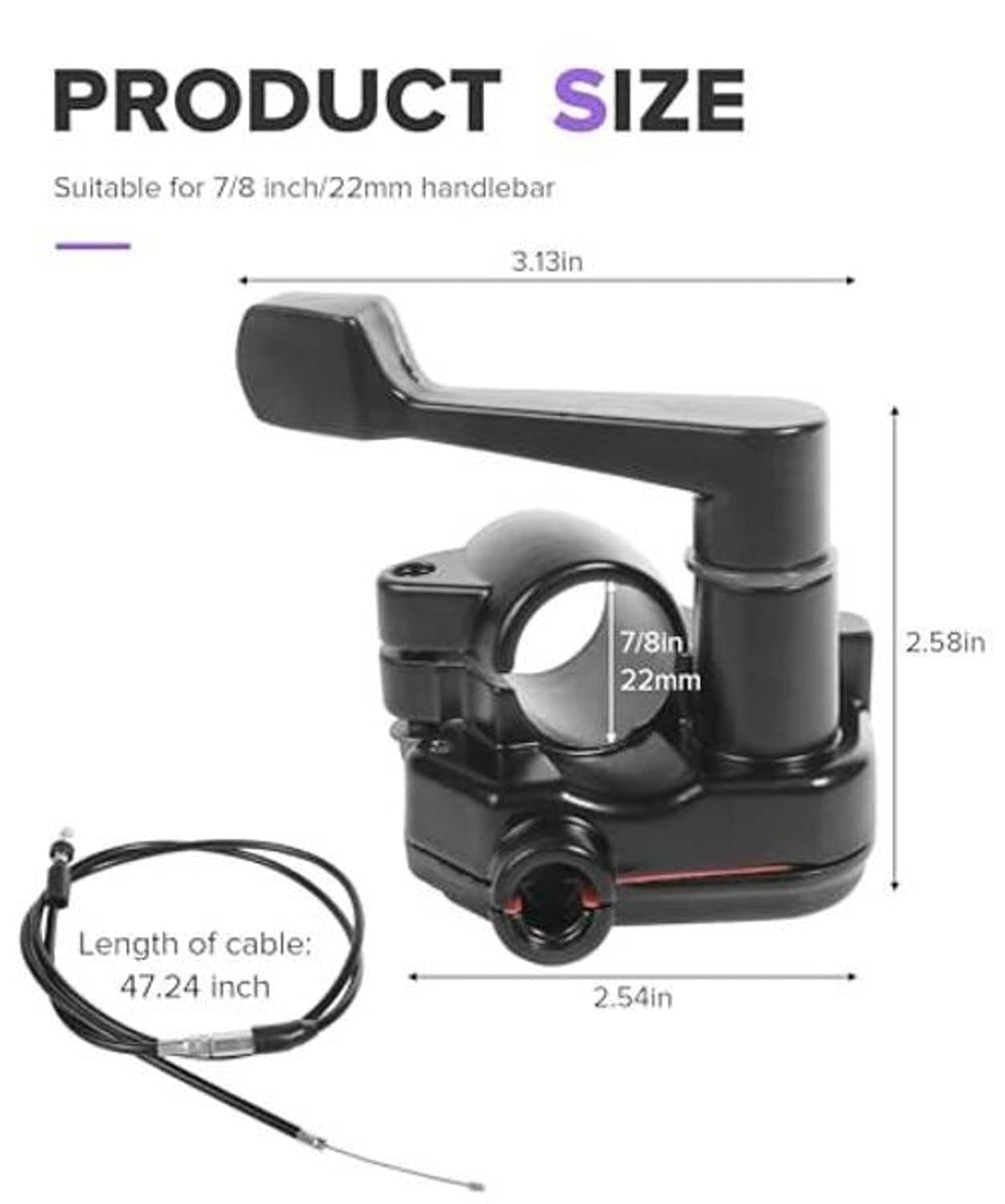 Black thumb throttle with cable and handlebar clamp, with size measurements