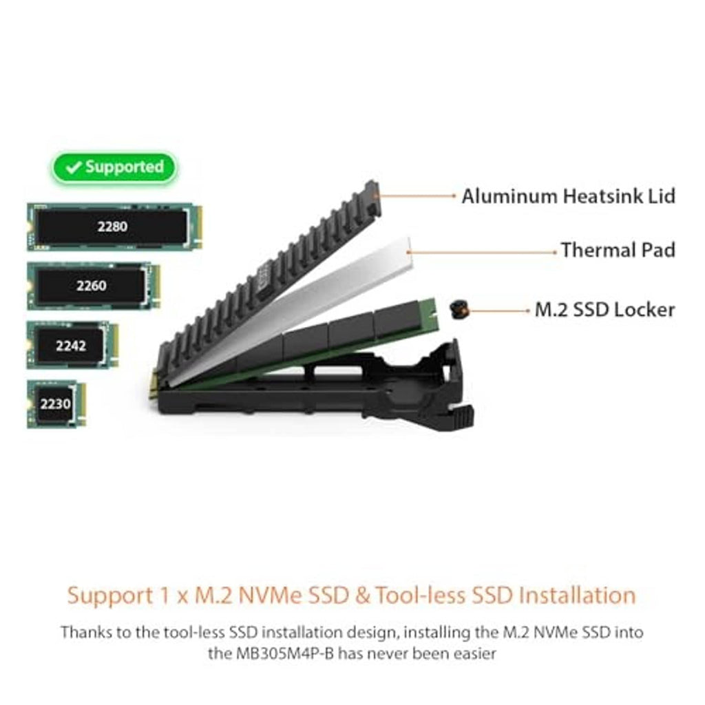 Exploded view of PCIe NVMe M.2 adapter with aluminum heatsink lid, thermal pad, and SSD lock