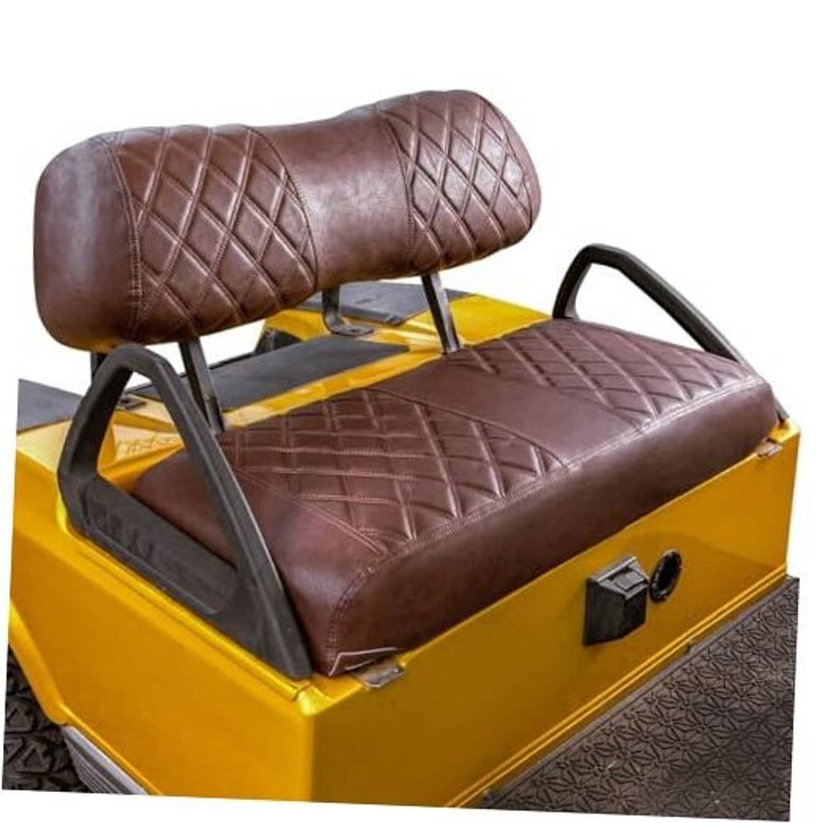 Brown golf cart seat cover set with diamond-quilted backrest and seat cushion.
