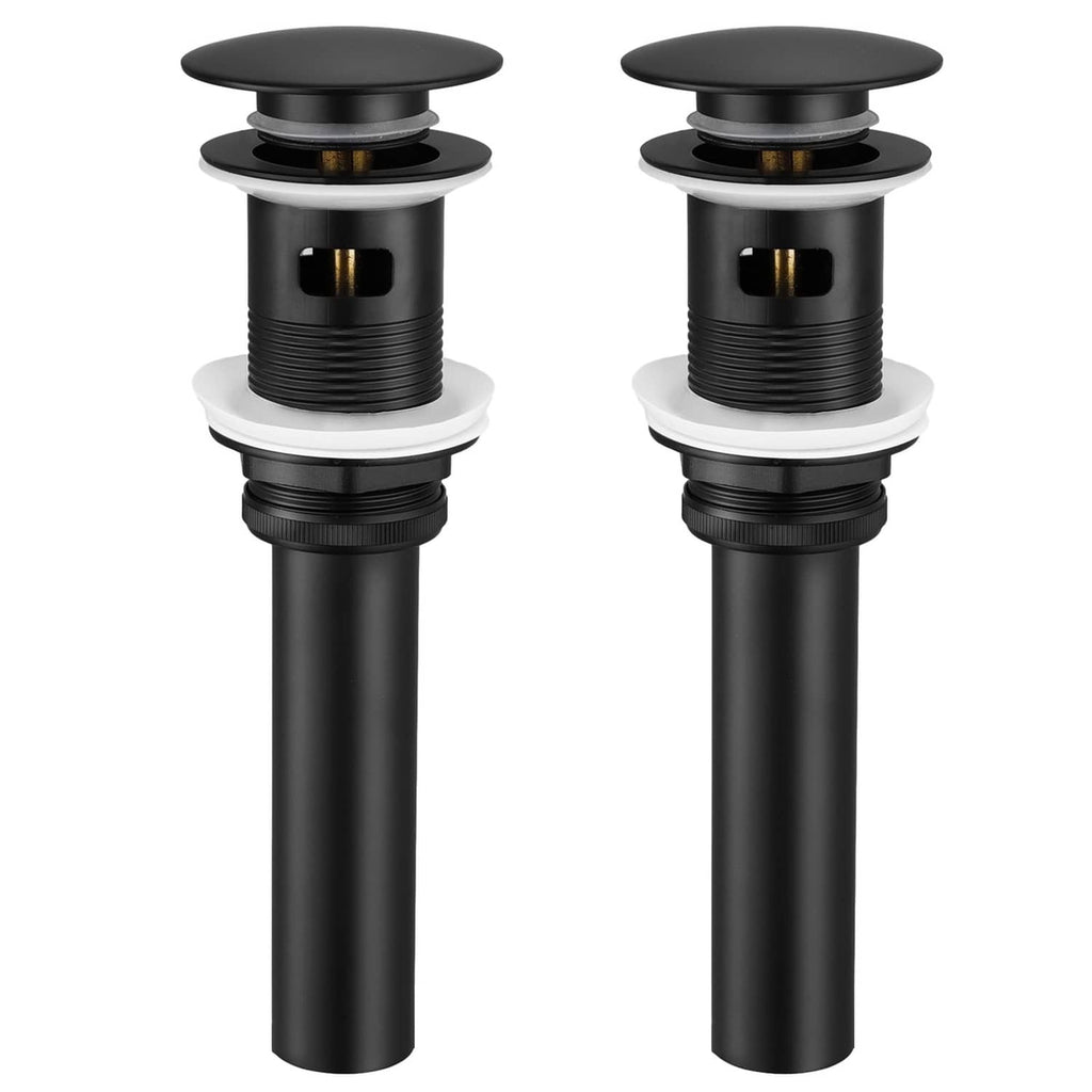Matte black pop-up bathroom sink drain with overflow opening and circular stopper