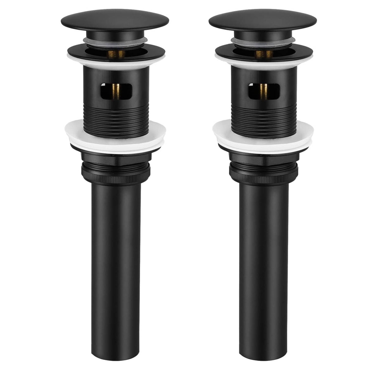 Matte black pop-up bathroom sink drain with overflow opening and circular stopper