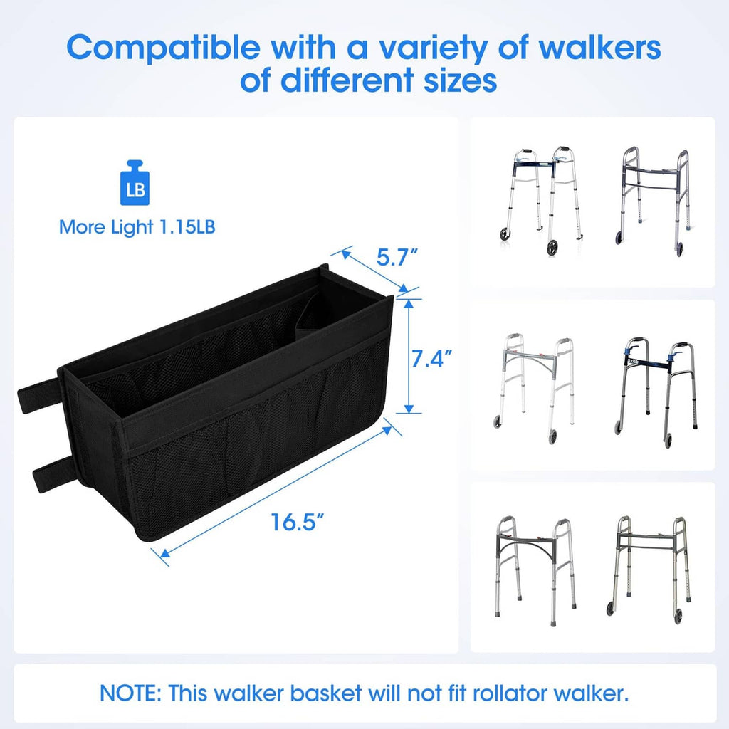 Black walker basket with multiple compartments and fabric side pockets, flat profile