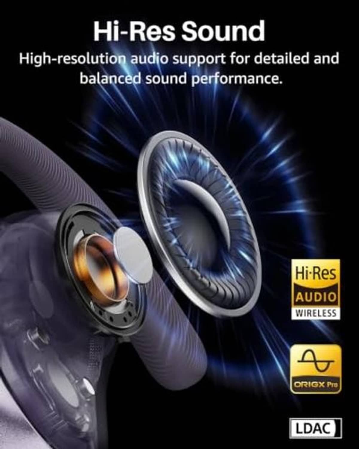 Black open-ear earbuds with charging case, hi-res audio wireless sound graphic
