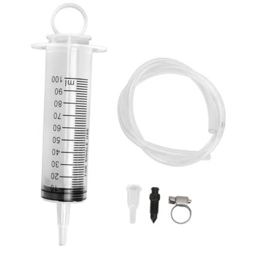 Brake bleed syringe with 100 mL scale, clear hose, and connector fittings