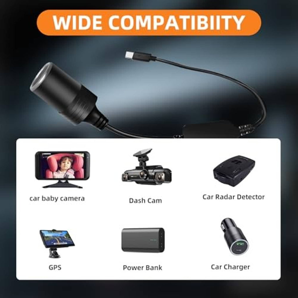 USB-C to 12V cigarette lighter adapter with black housing and USB-C connector