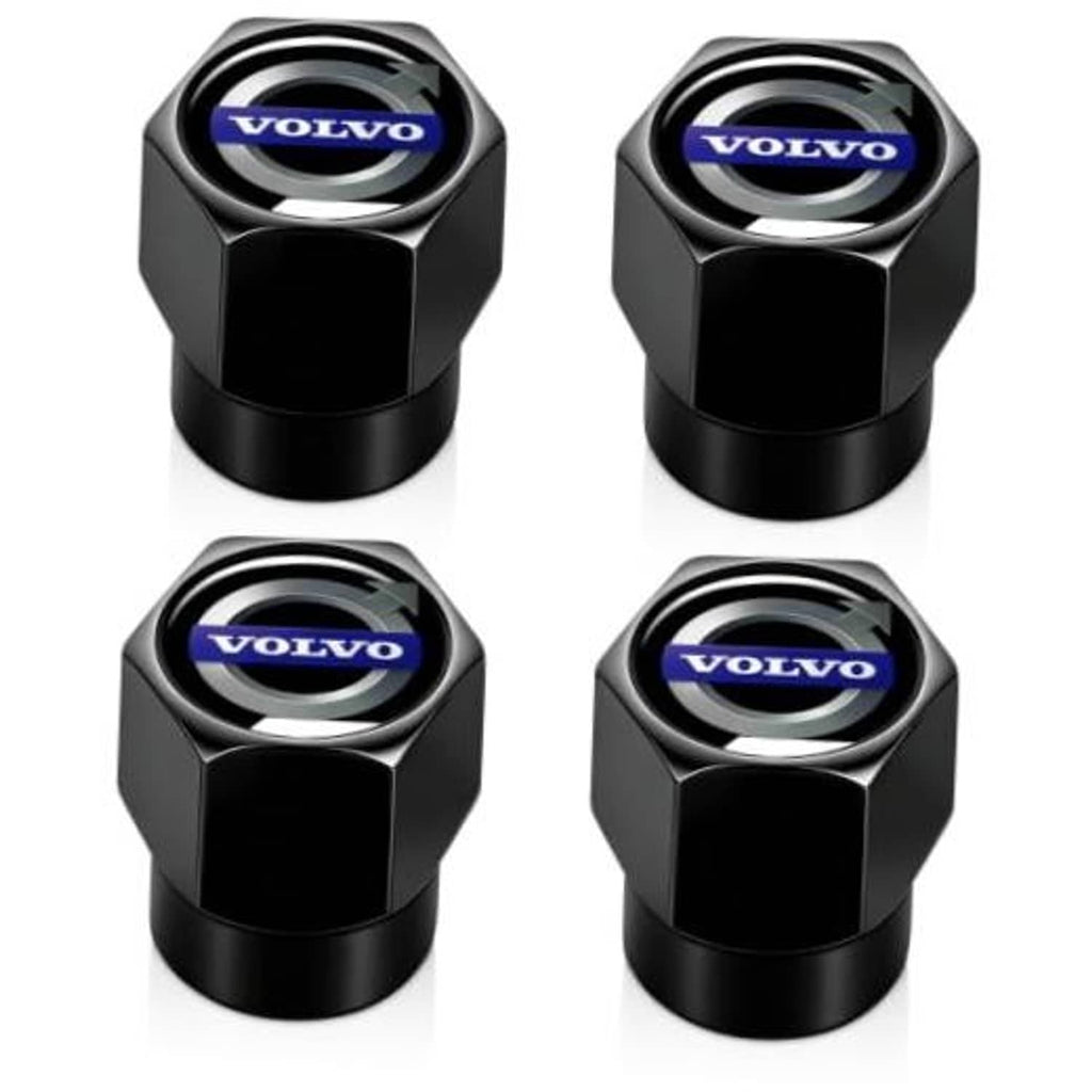 Set of 4 black hex tire valve stem caps with Volvo logo on top