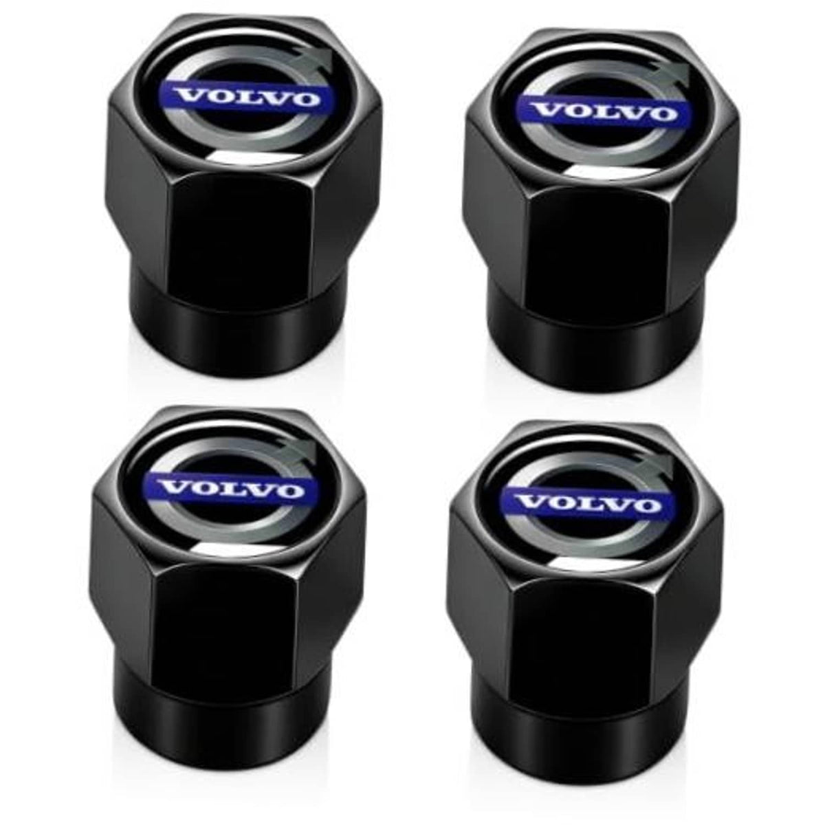 Set of 4 black hex tire valve stem caps with Volvo logo on top