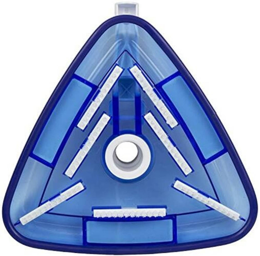 Triangular pool vacuum head underside with central circular inlet and blue ribs