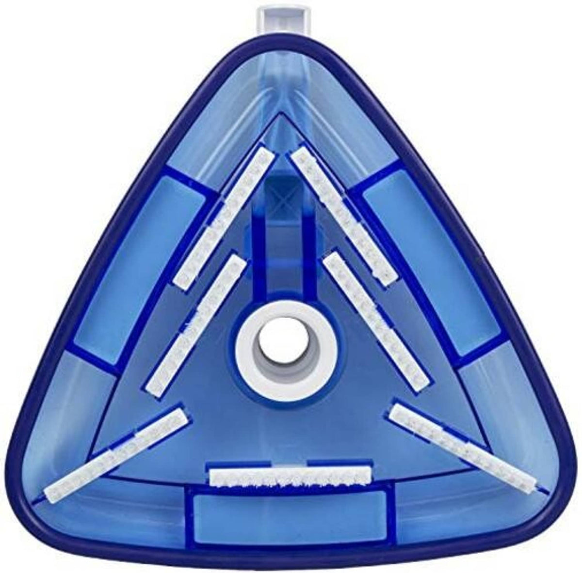 Triangular pool vacuum head underside with central circular inlet and blue ribs