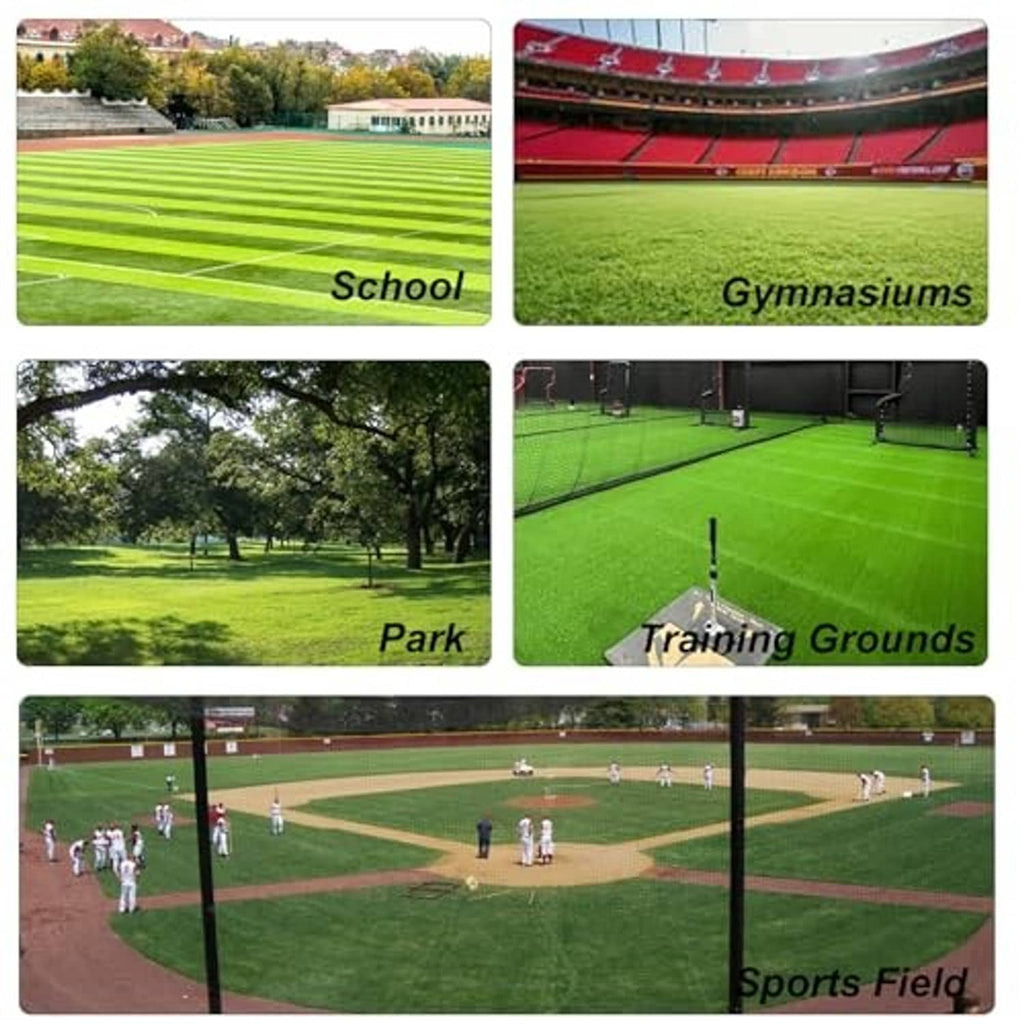 Strike zone training backdrop shown in outdoor sports field scenes, green grass and stadium views
