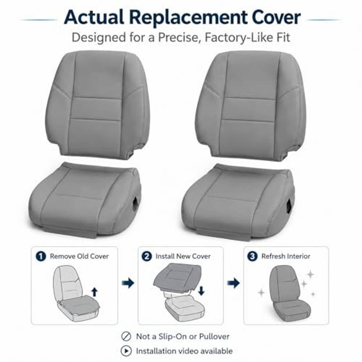 Gray front seat back and bottom replacement covers, replacement pieces for both seats