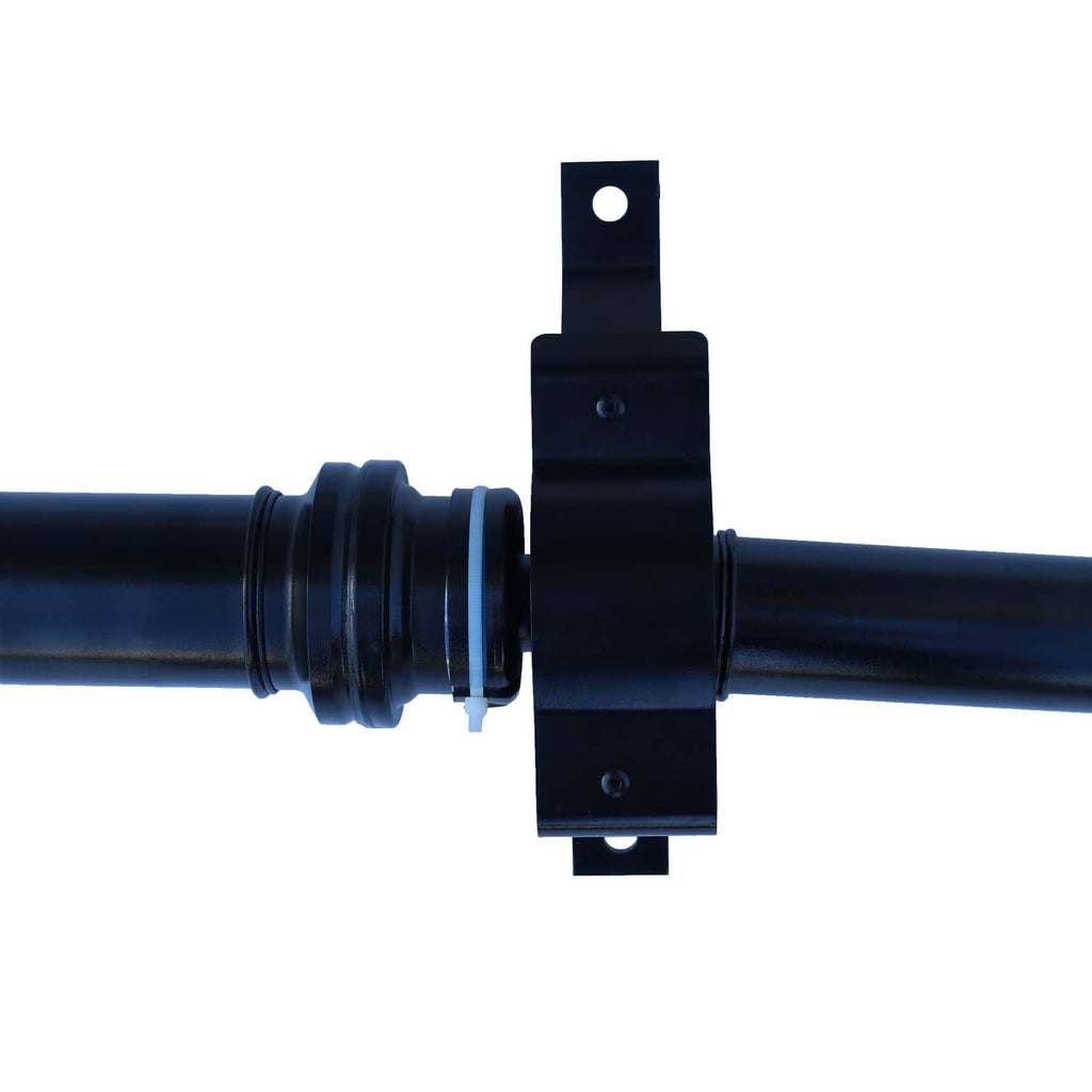 Blue prop shaft with black mounting bracket and rubber boot coupling