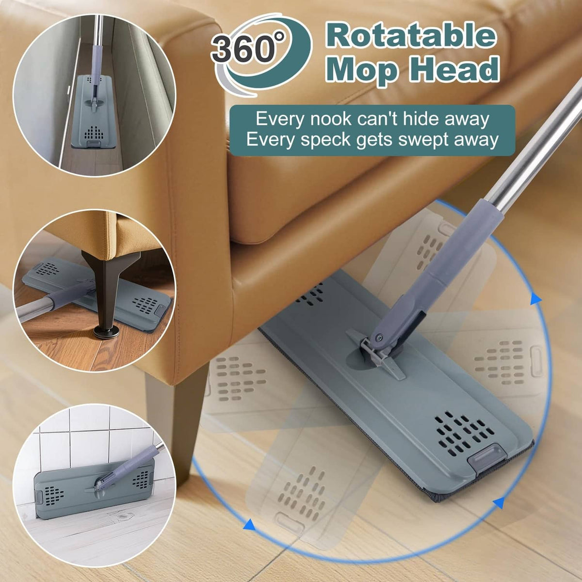 Gray rotatable flat mop head with microfiber pad for maneuvering on floors