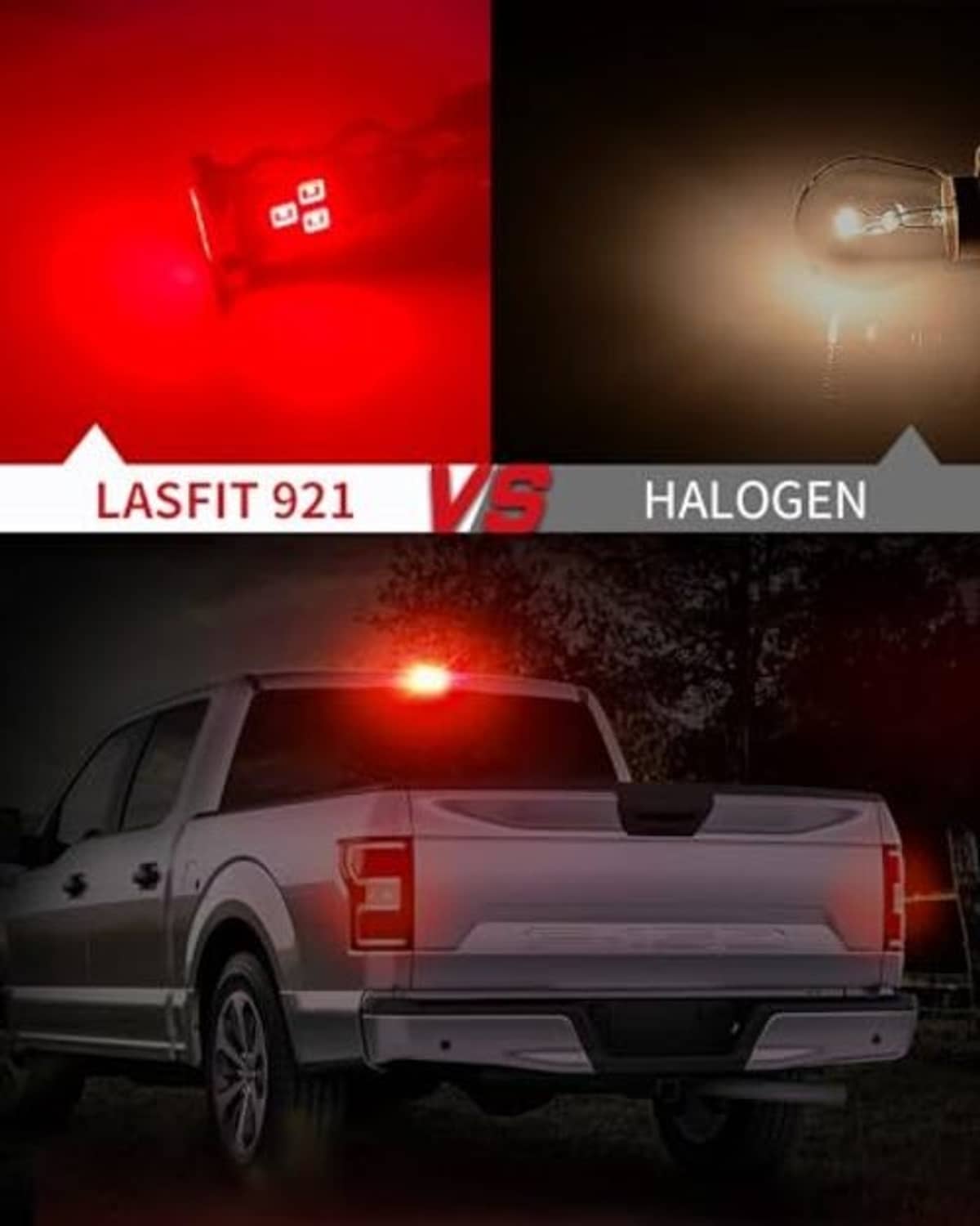 Red LED brake light bulbs glowing, shown in a red illumination comparison