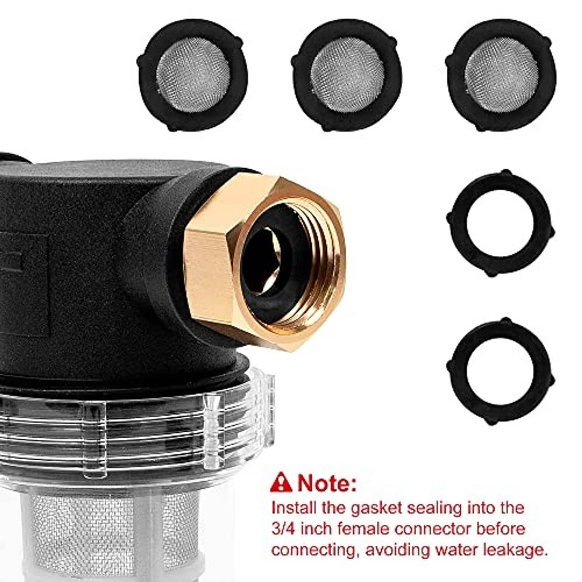 Black filter housing with brass threaded inlet, mesh cartridge and rubber sealing gaskets.
