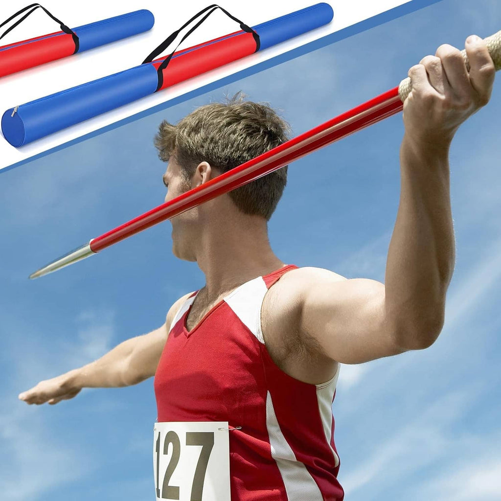 Blue and red javelin carrying bag with black carry straps, open end visible